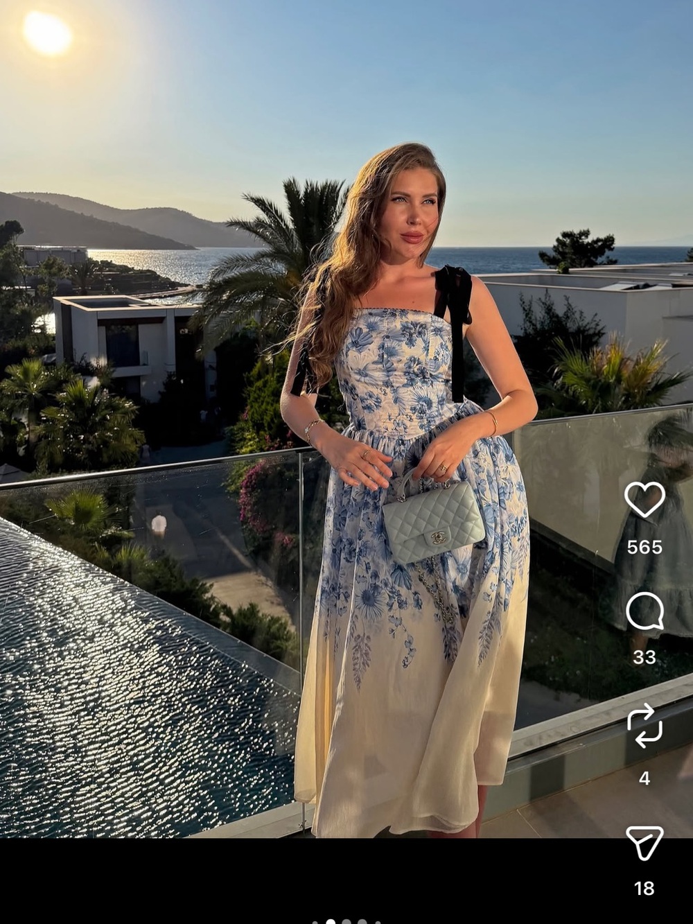 Floral Blue & White Tie-Shoulder Midi Dress - Picture 10 of 13